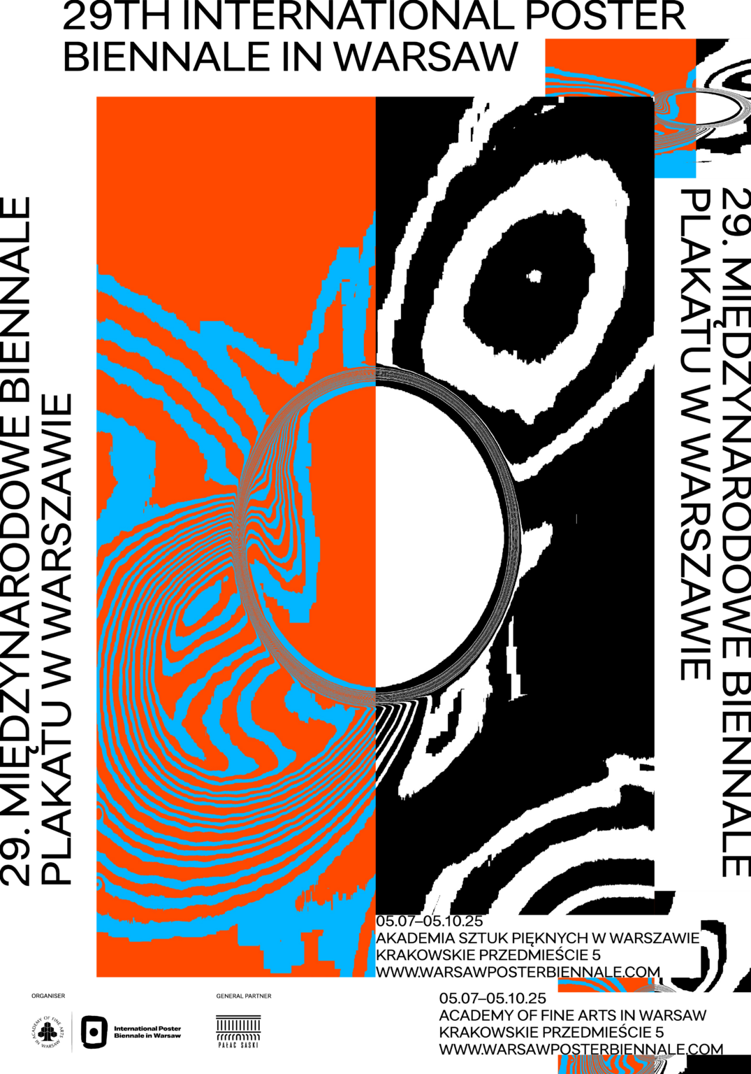 kolorowy abstrakcyjny plakat z tekstem w językach polskim i angielskim