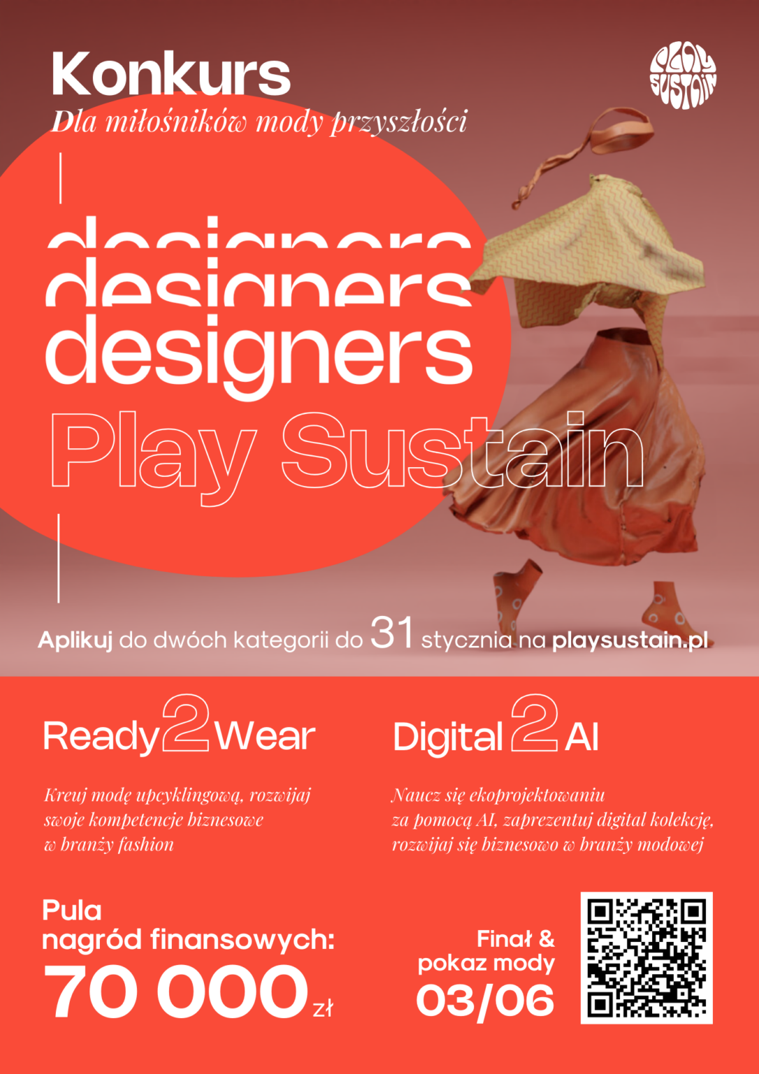 grafika z motywem owalnego, podłużnego, pomarańczowego kształtu i elementami ubioru oraz liternictwem i QR kodem