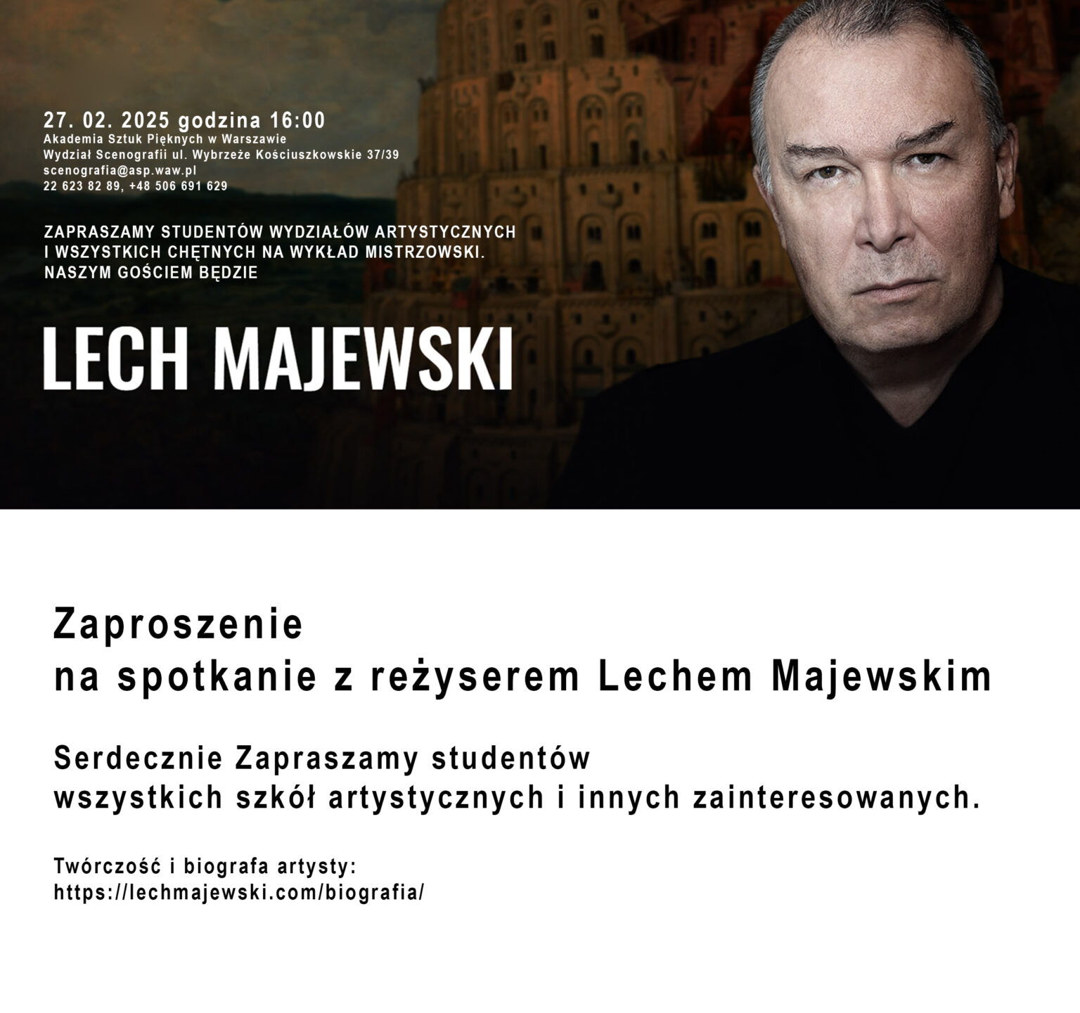 zaprosznie zawiera portret mężczyzny i treść