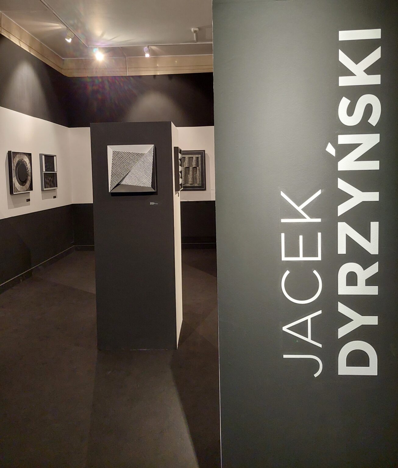 Widok galerii z pracami, na pierwszym prani napis "Jacek Dyrzyński"