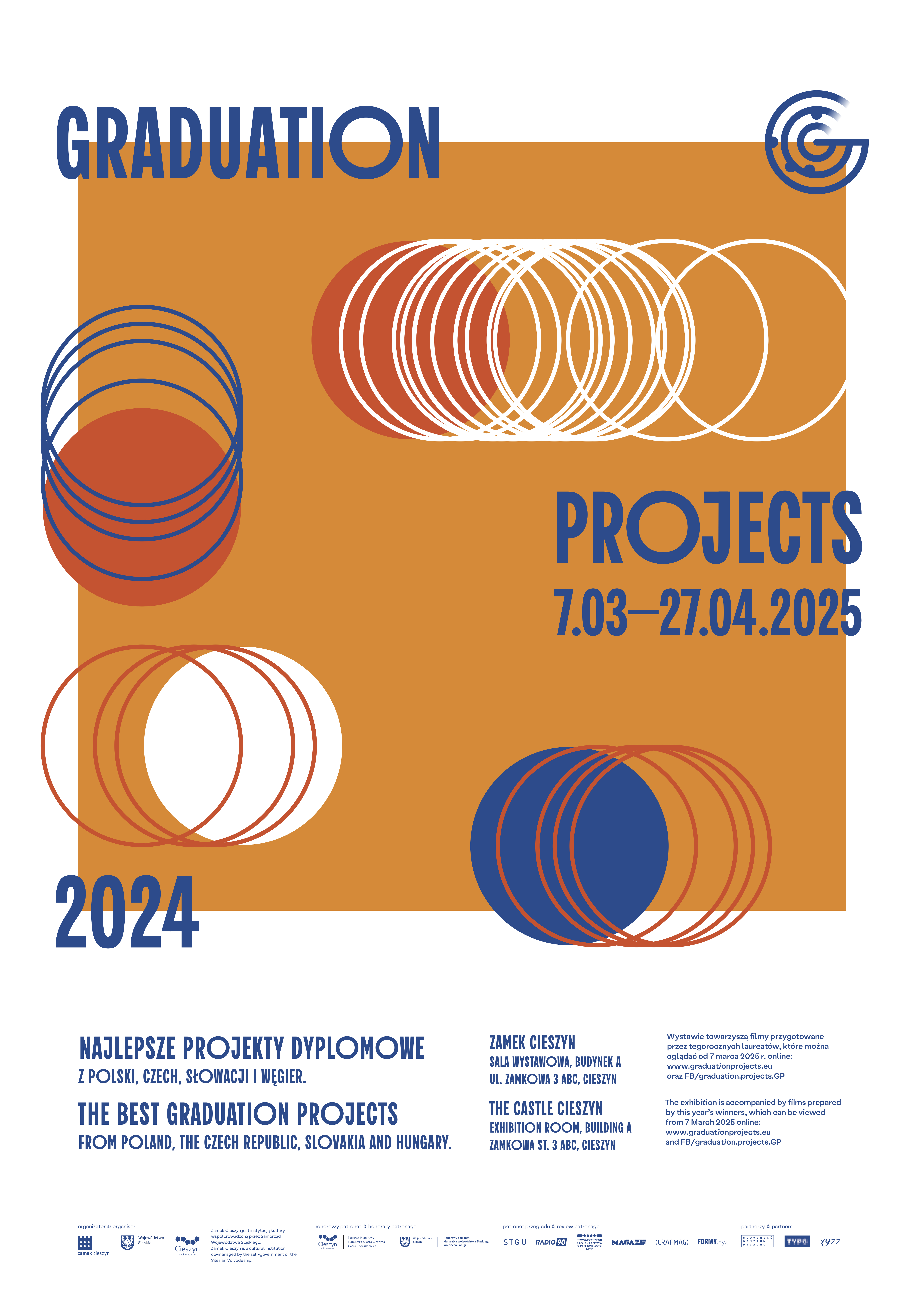 plakat w kolorze pomarańczowym z kolistymi elementami graficznymi i liternictwem