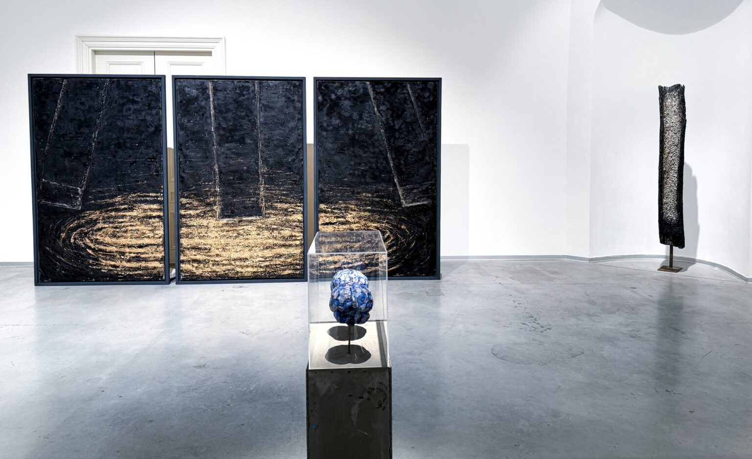 duże obrazy, na pierwszym planie gablota z dwoma niebieskimi obiektami przypominającymi mózg