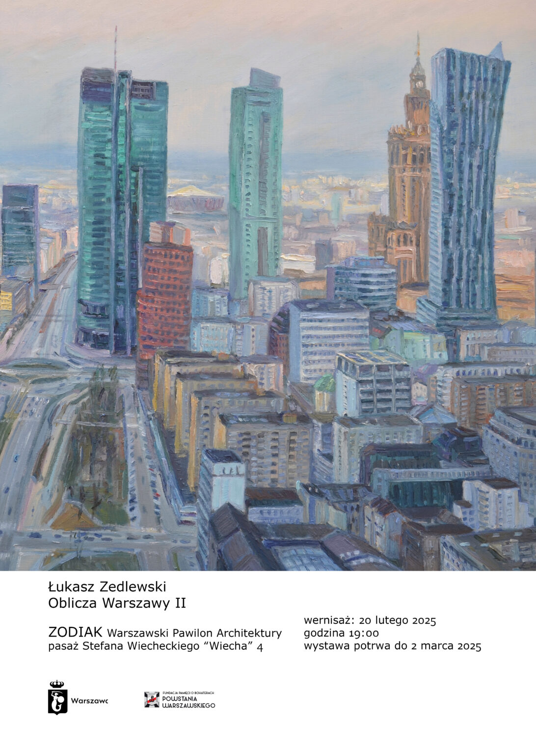 fragment obrazu z pejzażem miasta i napisy