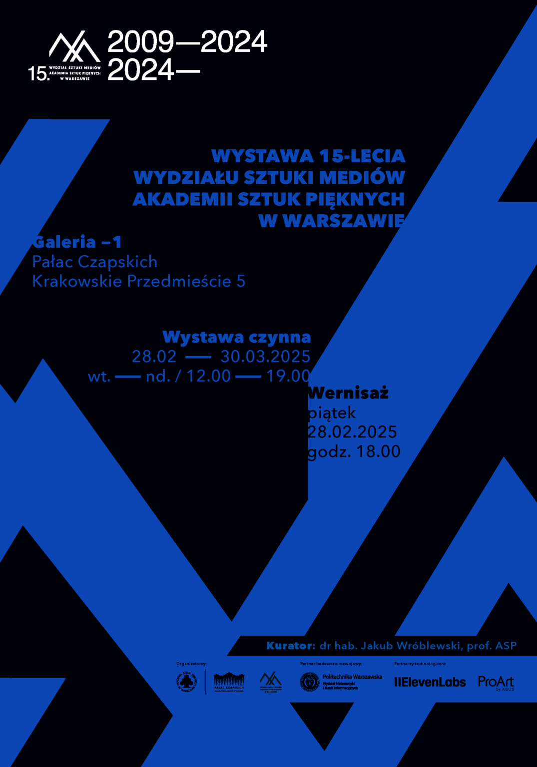 niebieskie skośne elementy graficzne na czarnym tle oraz liternictwo