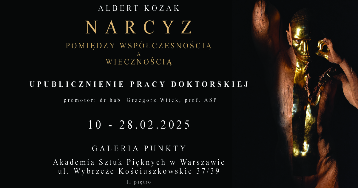 grafika zawiera fragment rzeźby przedstawiającej postać mężczyzny i napisy; czarne tło