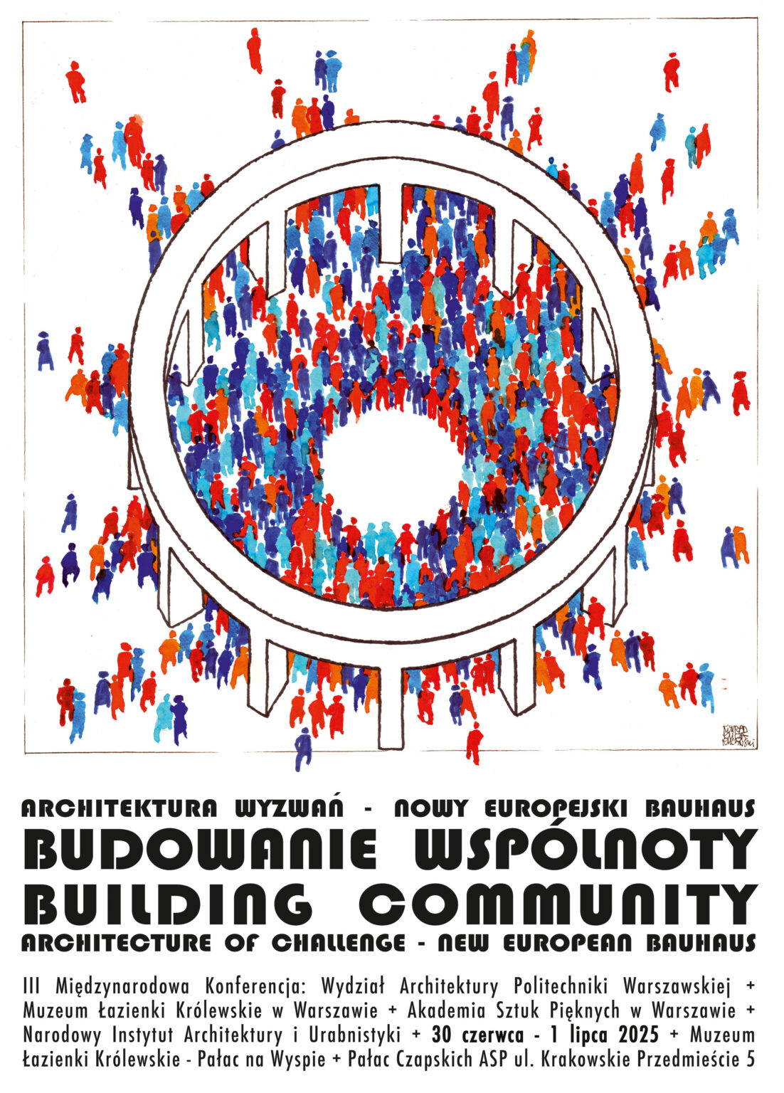 grafika przedstawia czerwone i niebieskie ludziki skupione centrycznie wokół symbolicznego, okrągłego obiektu architektonicznego i napisy