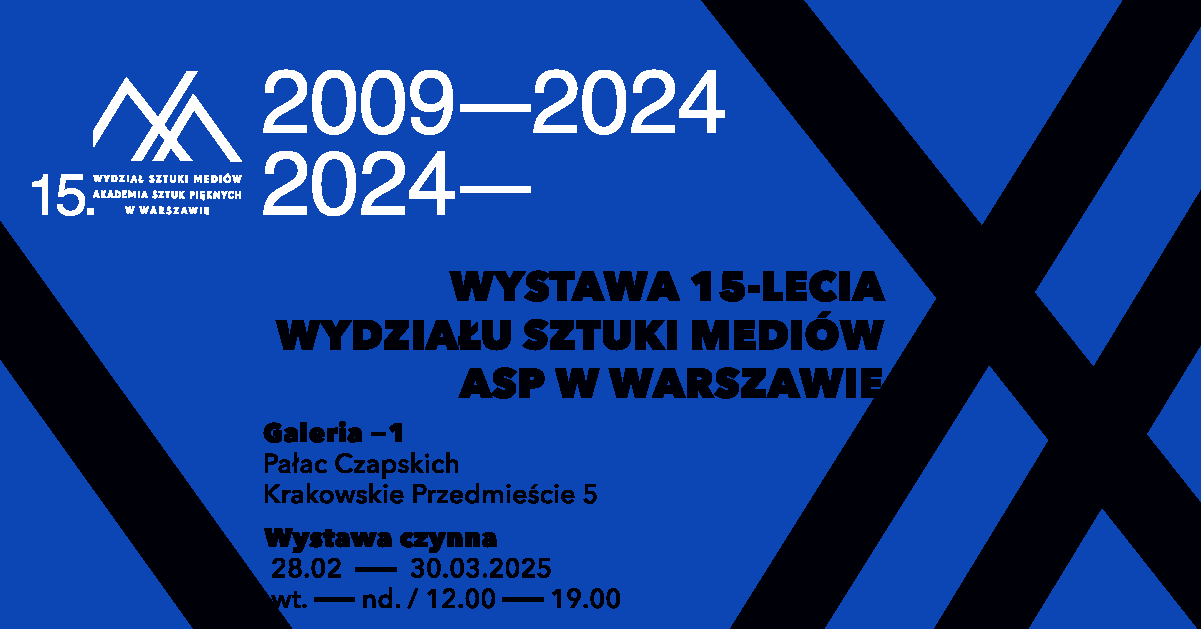 czarne skośne elementy graficzne na niebieskim tle oraz liternictwo