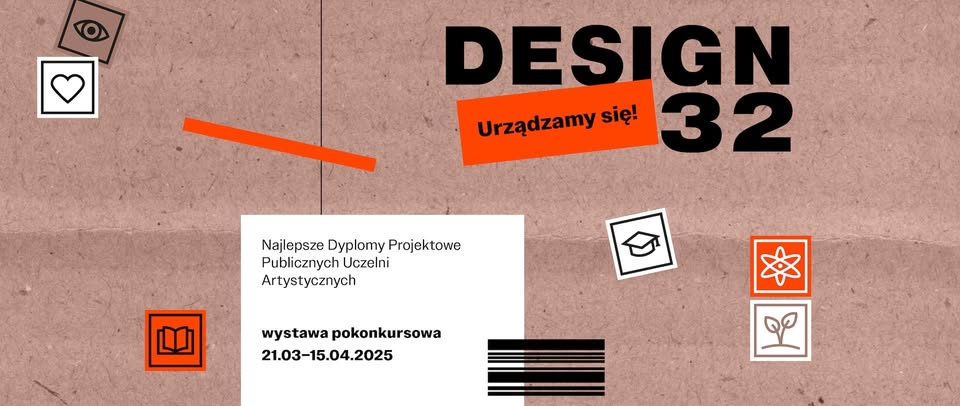 grafika z napisem "DESIGN 32" i innymi treściami, przypominająca przesyłkę