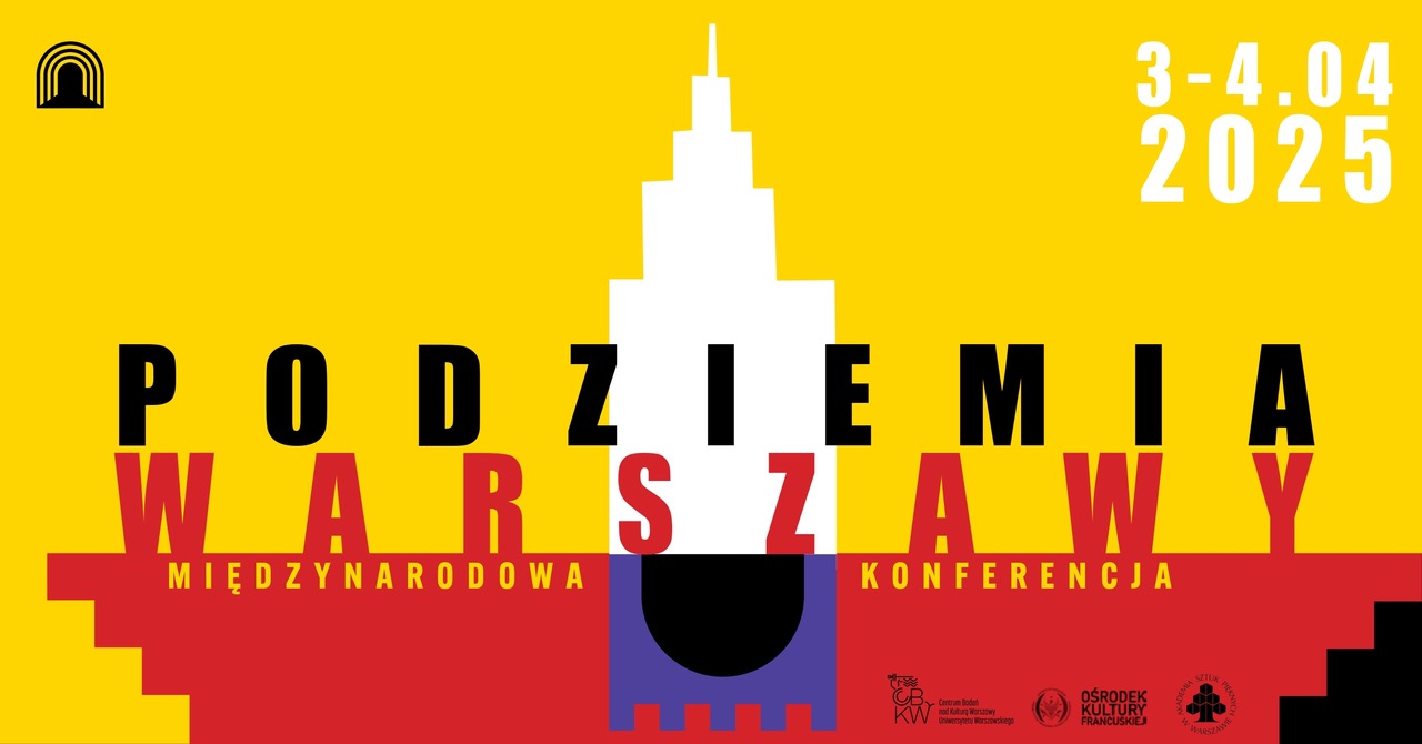 grafika w kolorach żółtym i czerwonym z liternictwem; w centrum Pałac Kultury i Nauki