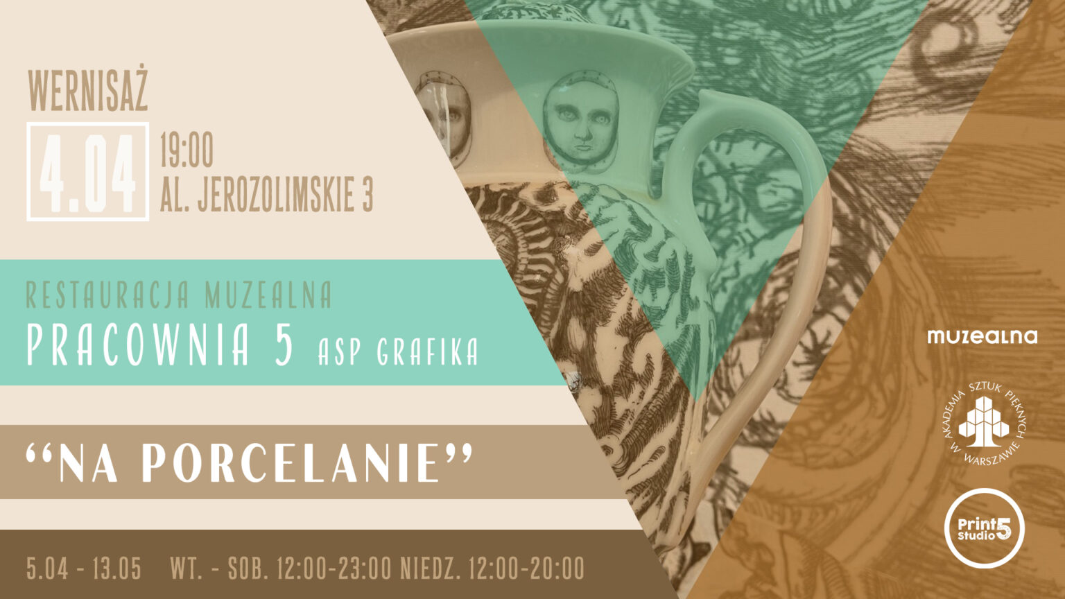 grafika w pastelowych barwach zawiera fragmenty zdjęć zdobionej porcelany i liternictwo