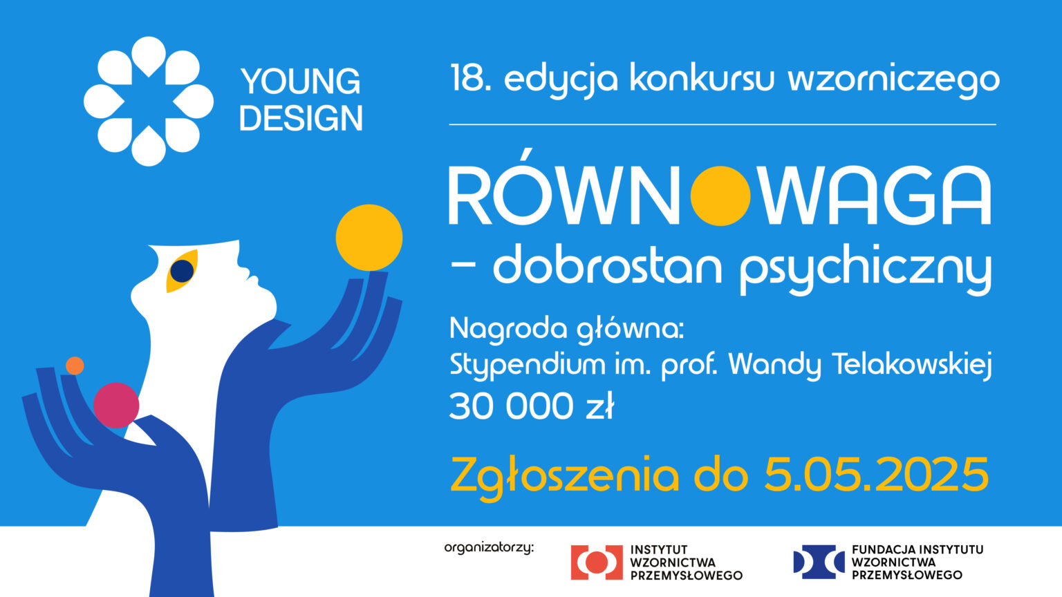 Niebieska grafika z rysunkowym motywem głowy patrzącej w górę i dłoni, białe napisy