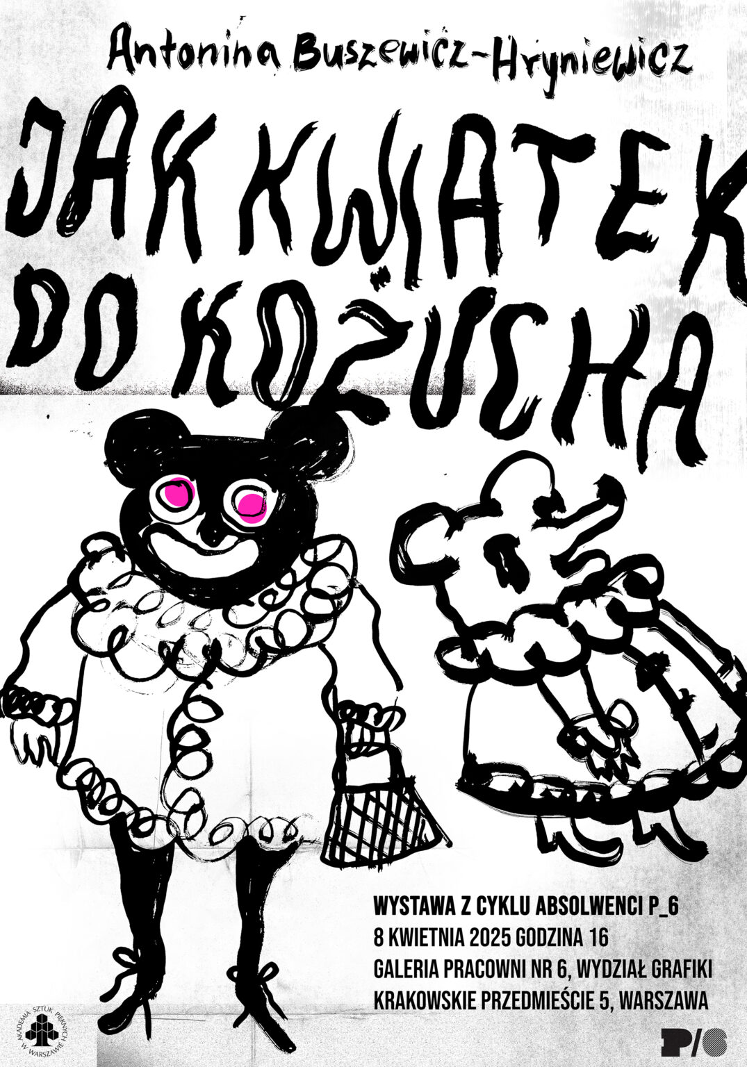 czarno-biały plakat z odręcznym rysunkiem przypominającym rysunek dziecka