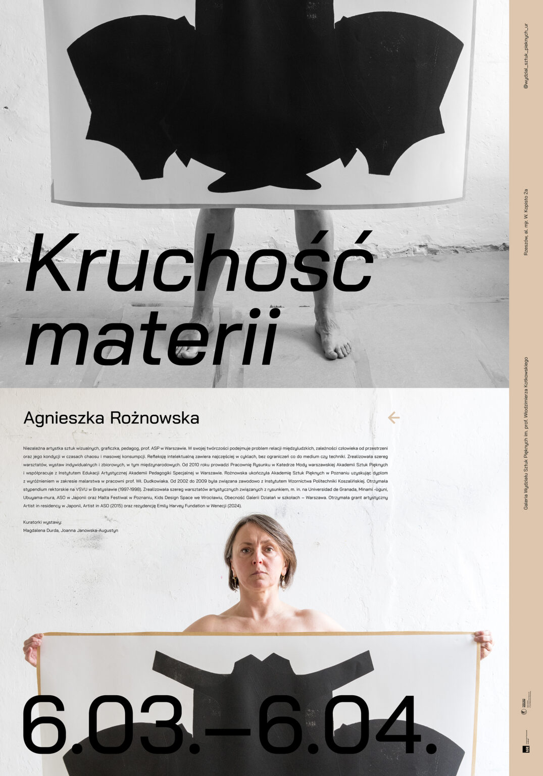 plakat z fragmentami rysunku, zdjęciem kobiety i tekstem