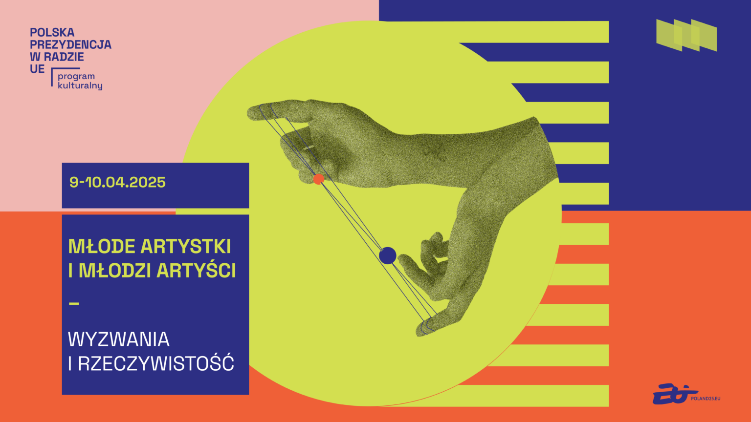 kolorowe, geometryczne elementy graficzne, w centrum żółte koło z motywem dłoni grających w grę manualną