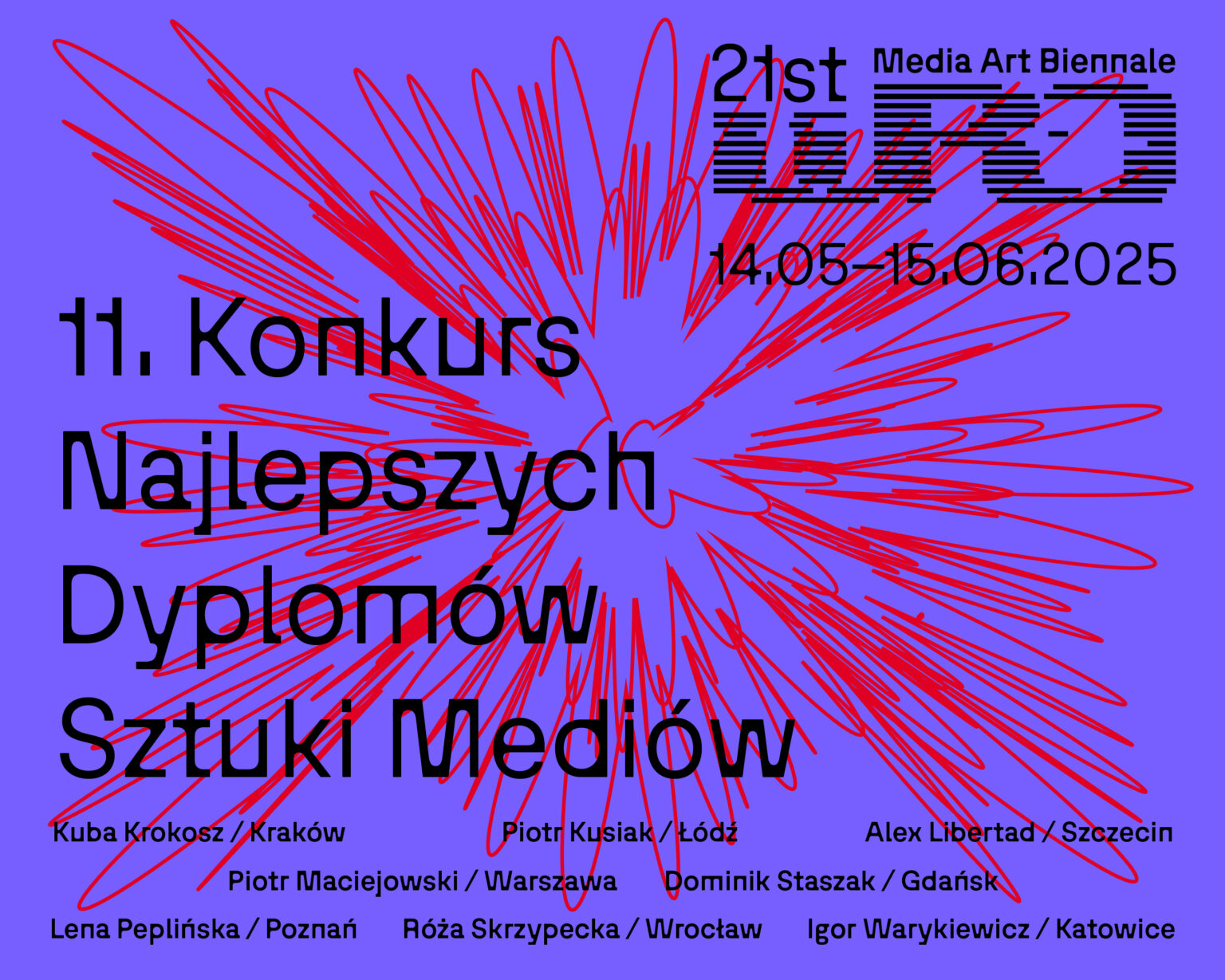 fioletowa grafika, w centrum czerwony motyw graficzny i nazwa