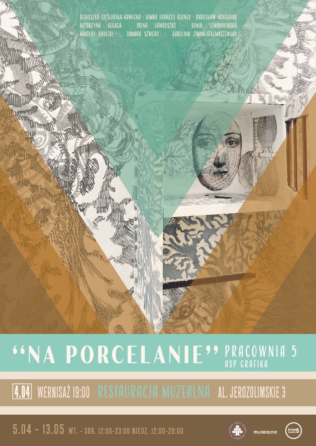 grafika w pastelowych barwach zawiera fragmenty zdjęć zdobionej porcelany i liternictwo