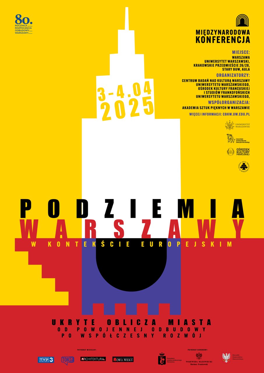 plakat w kolorach żółtym i czerwonym z liternictwem; w centrum Pałac Kultury i Nauki
