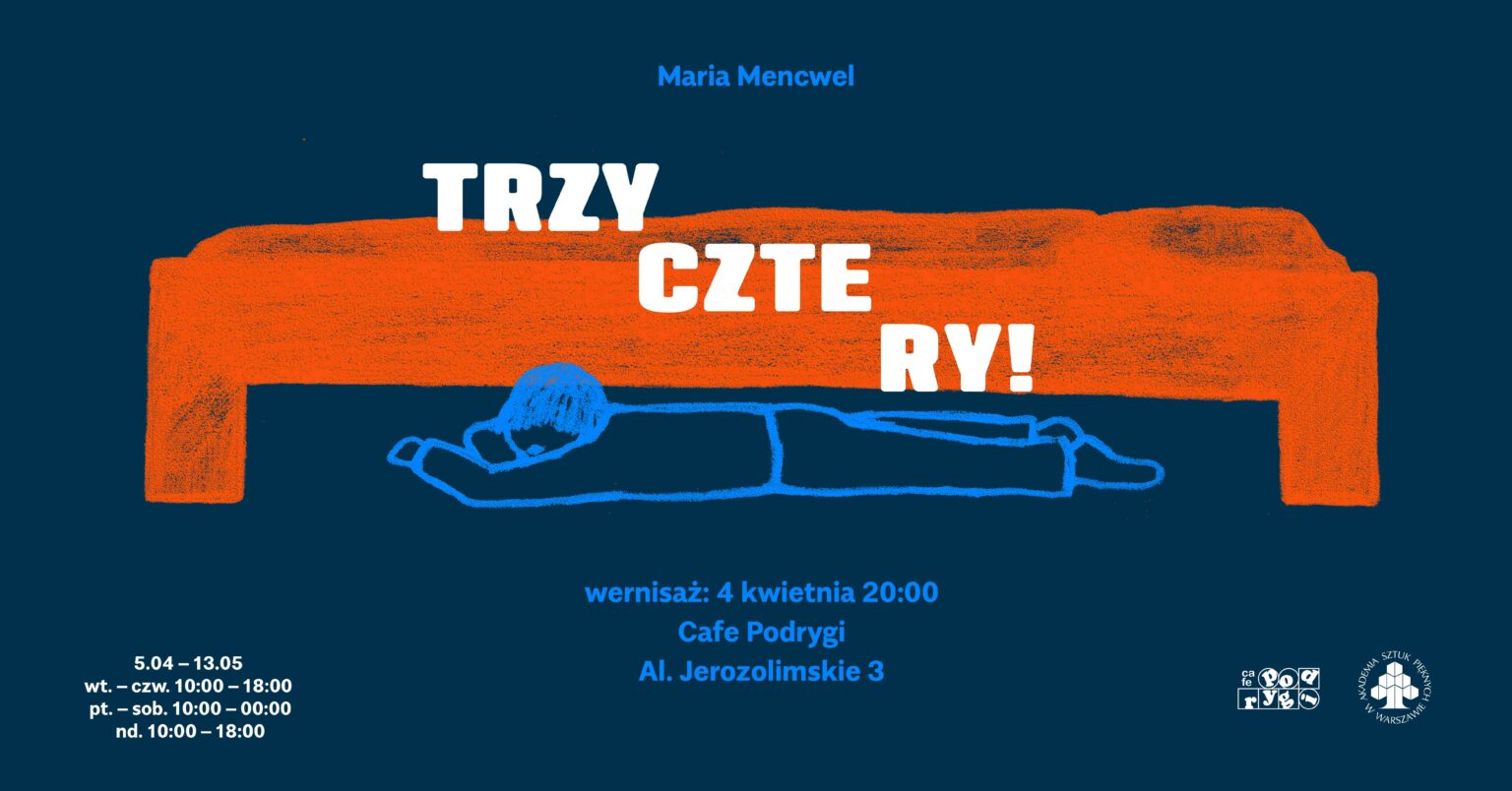 granatowa grafika zawiera rysunek postaci pod czerwonym łóżkiem i napisy