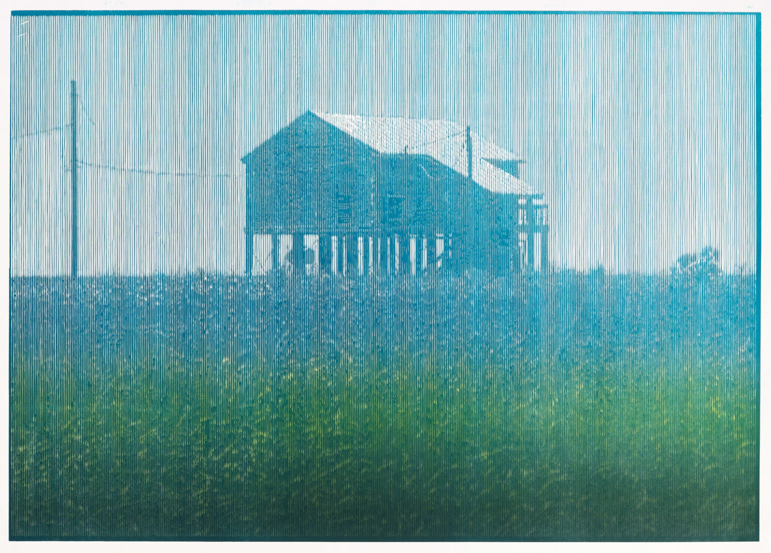 linoryt w kolorach niebiesko-zielonym przedstawia dom