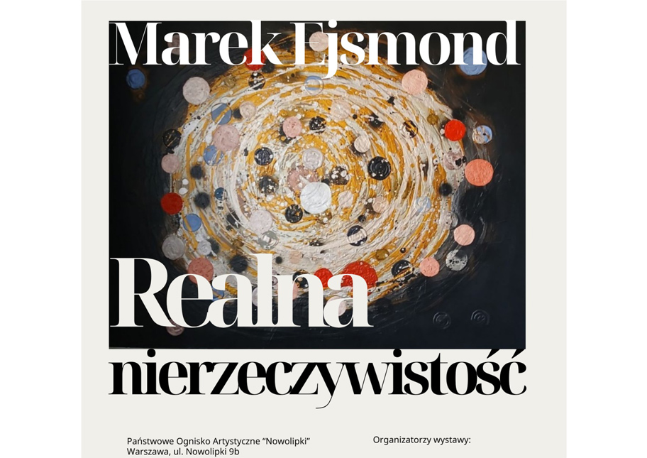 abstrakcyjna grafika z tytułem wystawy i nazwiskiem artysty