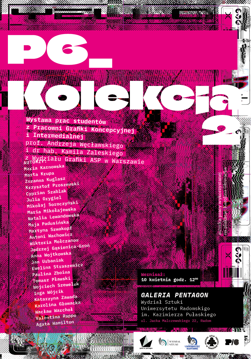 plakat z fragmentem czarno-białej grafiki, tytułem "PG_Kolekcja 2" i różowym motywem kolorystycznym