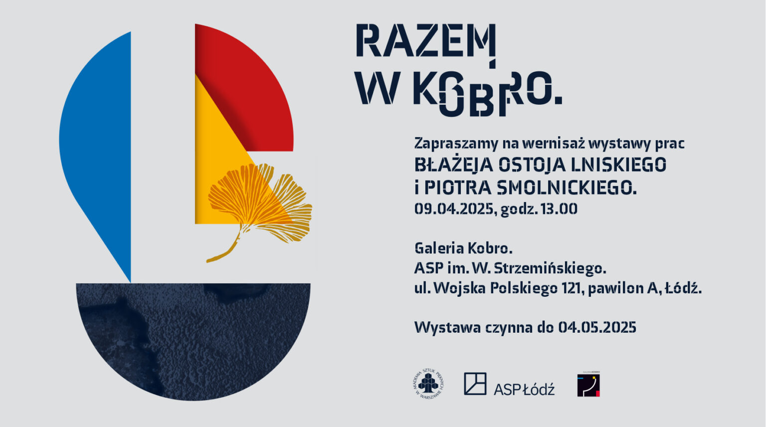 zaproszenie z kolorowymi motywami graficznymi, liściem miłorzębu i tekstem