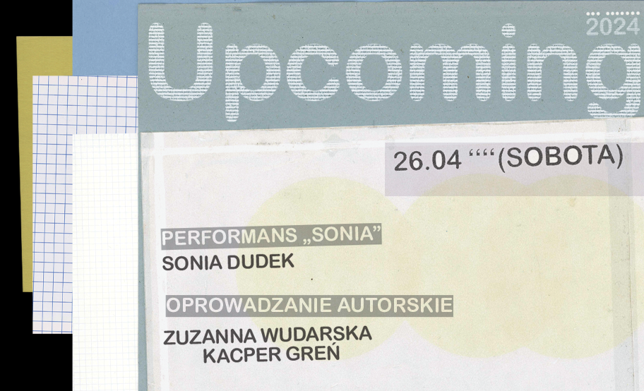 grafika nawiązująca do notatnika z hasłem "Upcoming" i informacjami o wydarzenia towarzyszących wystawie