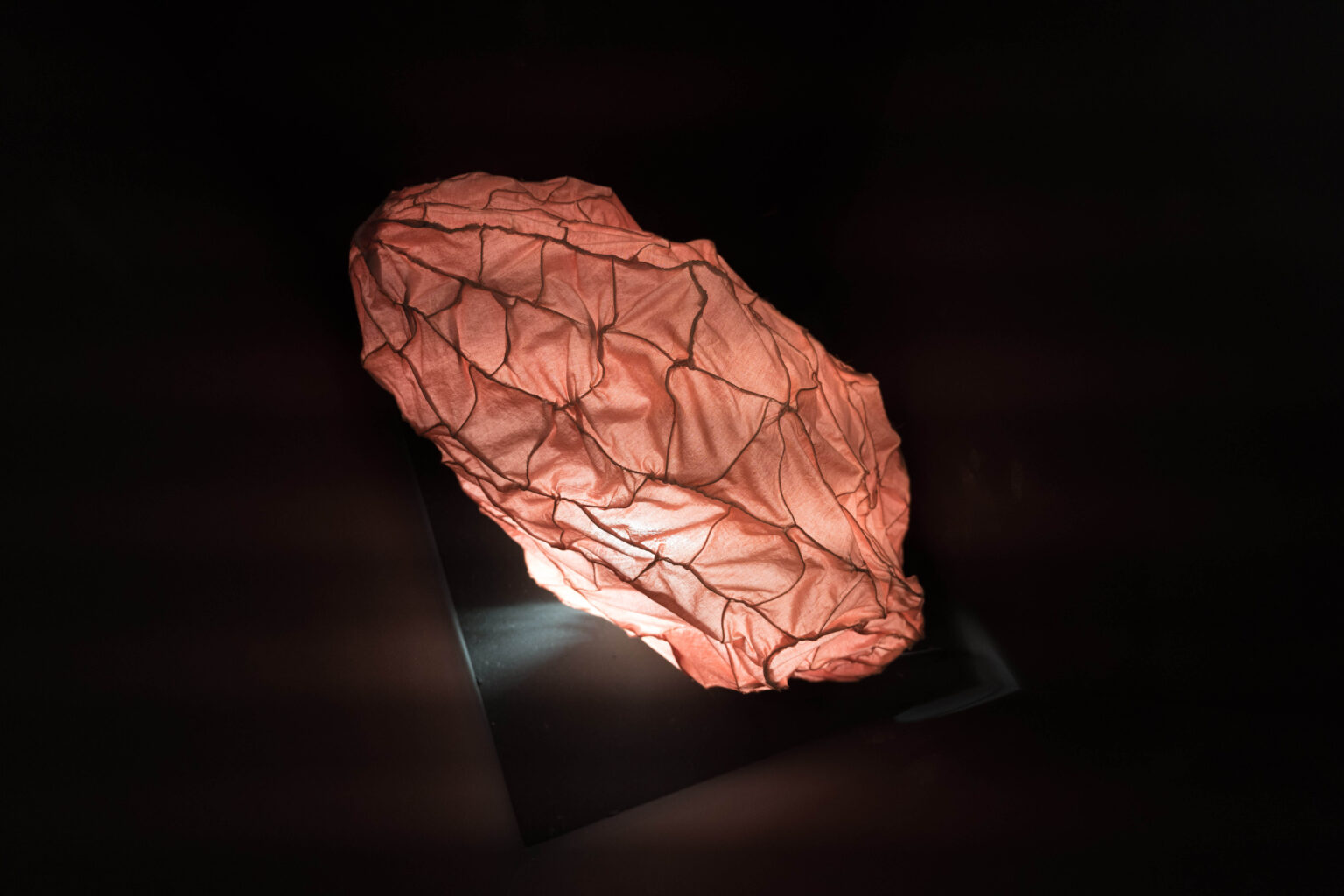 świetlisty obiekt w formie różowej bryły, czarne tło