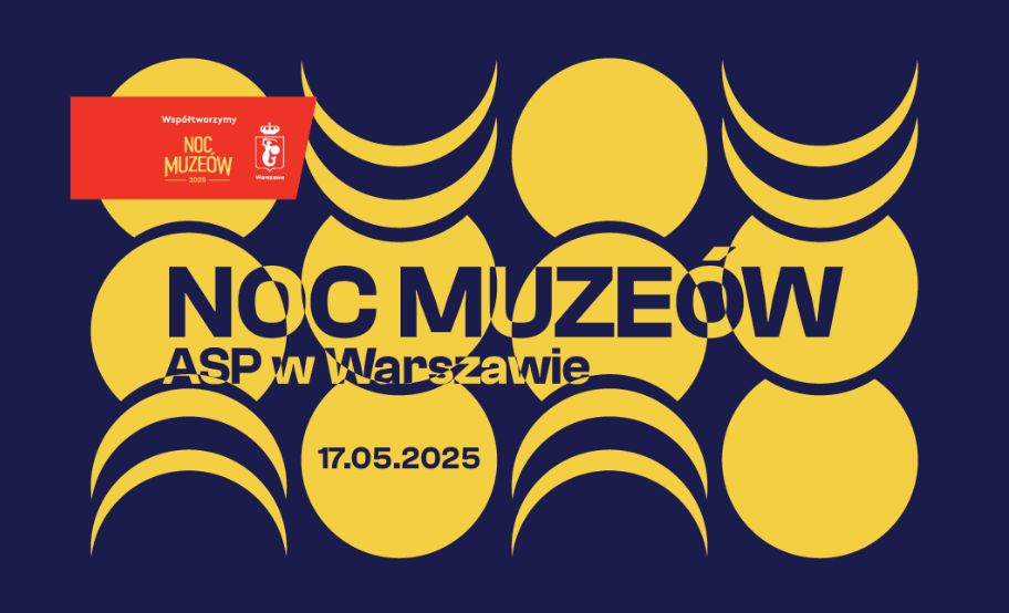 plakat w kolorach granatowo - żółtym z motywami przypominającymi księżyc, z nagłówkiem "Noc muzeów" i harmonogramem wydarzeń