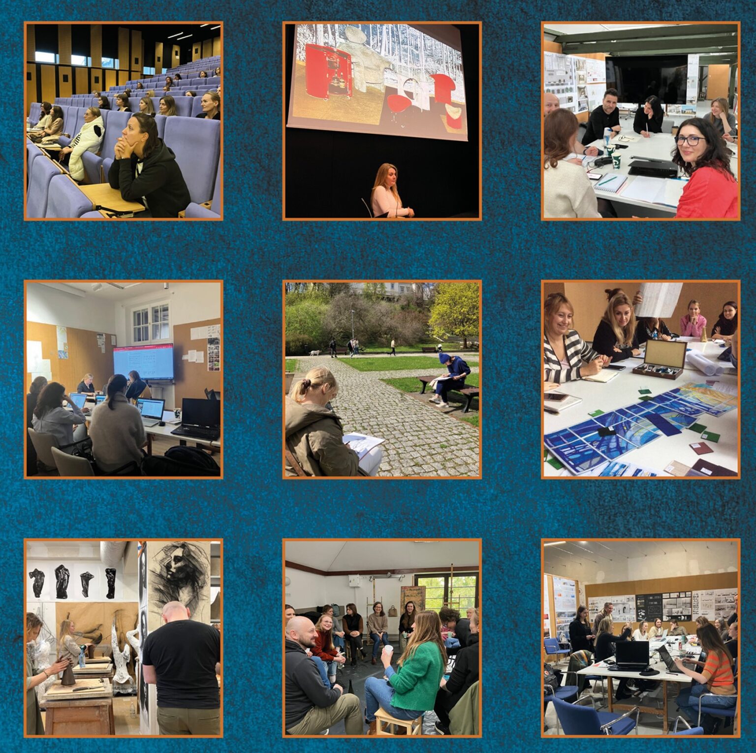 kwadratowa grafika z 9 kwadratowymi zdjęciami przedstawiającymi studentów i studentki podczas zająć