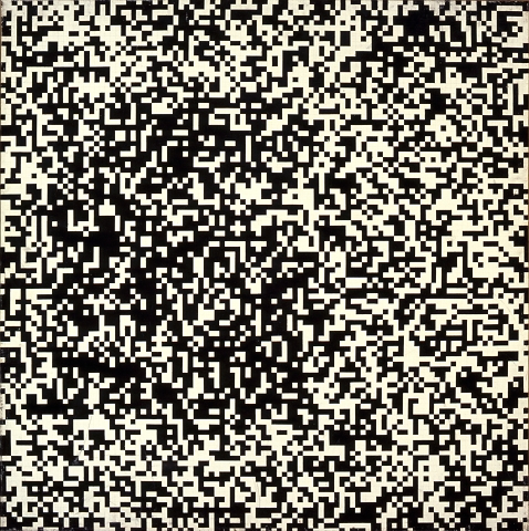 Kwadratowy obraz, składający się z wielu mniejszych białych i czarnych kwadratów. Małe czarne i białe kwadraty ułożone są w przypadkowej kolejności, w nieregularnym układzie.
