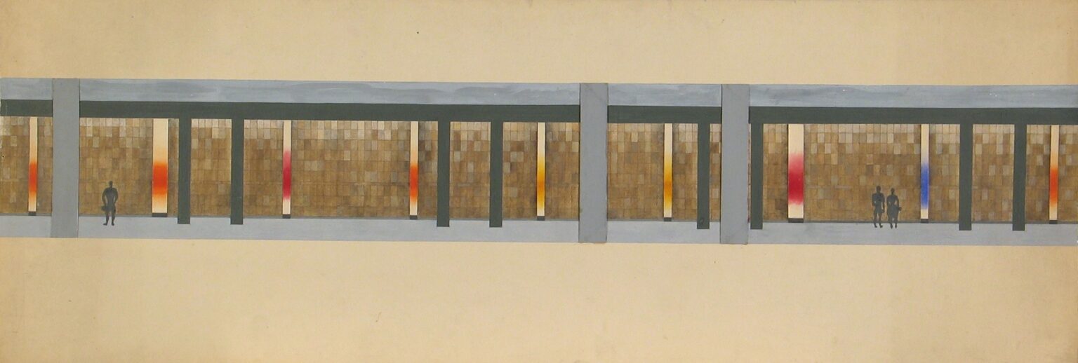 Rysunek architektoniczny przedstawiający wnętrze dworca Warszawa-Śródmieście. Rysunek jest podłużny i przedstawia ściany na których są wielokolorowe, prostokątne kafelki. Na tle ściany widać narysowane małe postaci ludzkie.