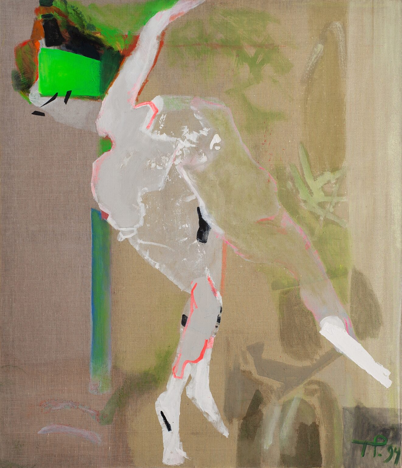 Obraz abstrakcyjny. Na jednolitym, spokojnym tle widoczne są linie, pociągnięcia pędzla w jaskrawych kontrastujących kolorach. Na środku widoczne są kształty przypominające figurę ludzką, sylwetkę kobiety wygiętej do tyłu, jakby przewracała się albo tańczyła.