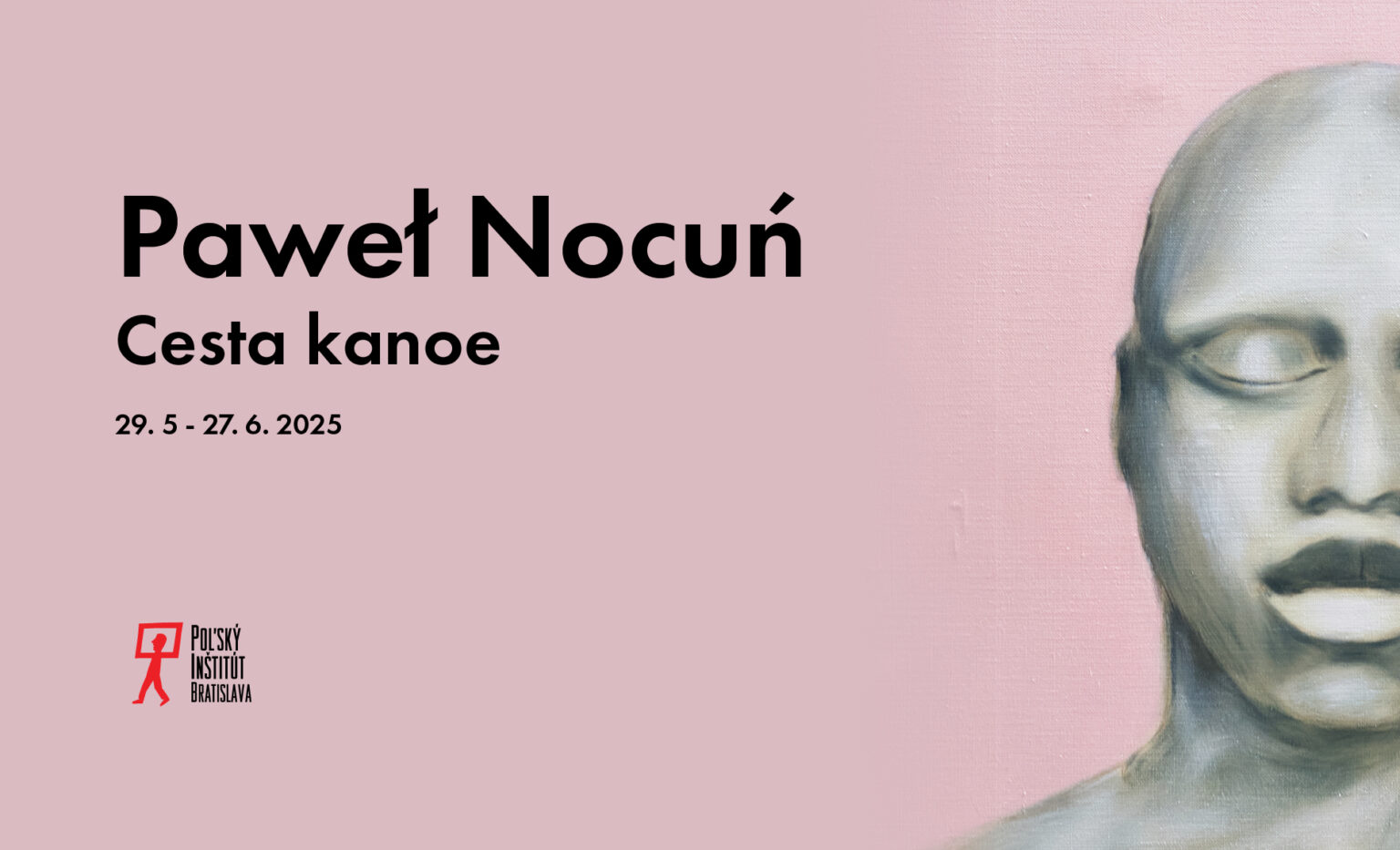 grafika z fragmentem obrazu przedstawiającego fragment twarzy na pastelowym tle i napisy