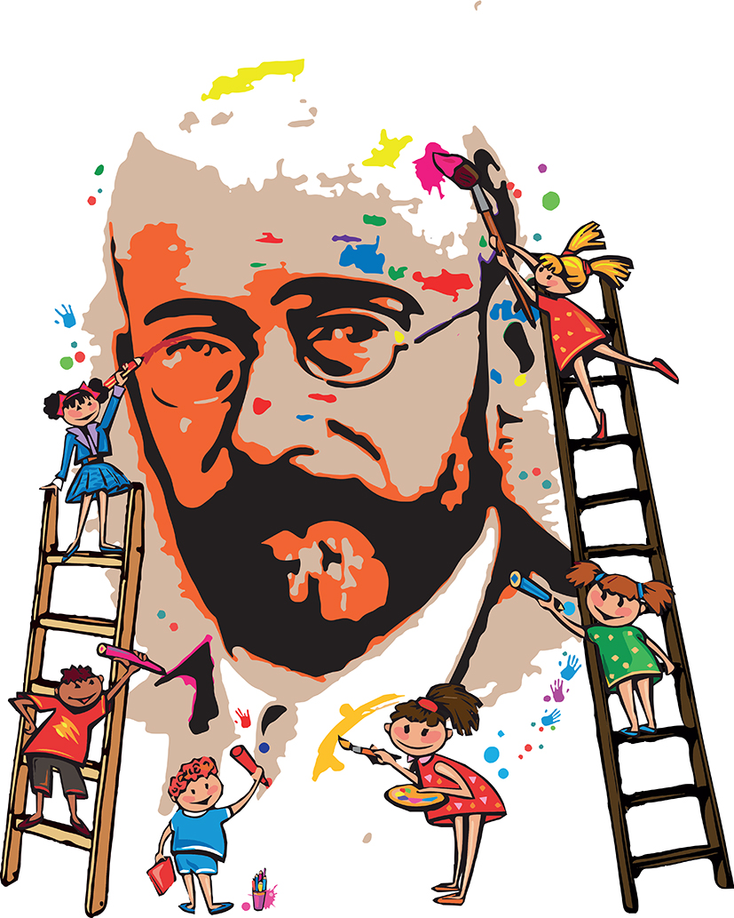 mural przedtsawia brodatego mężczyznę, po obu stronach głowy drabiny, wokół dzieci