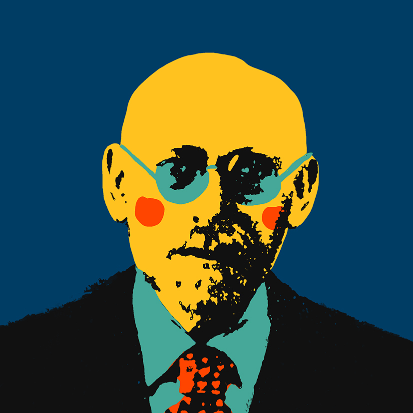 rysunek w mocnych barwach przedstawia wizerunek mężczyzny w okularach pod krawatem