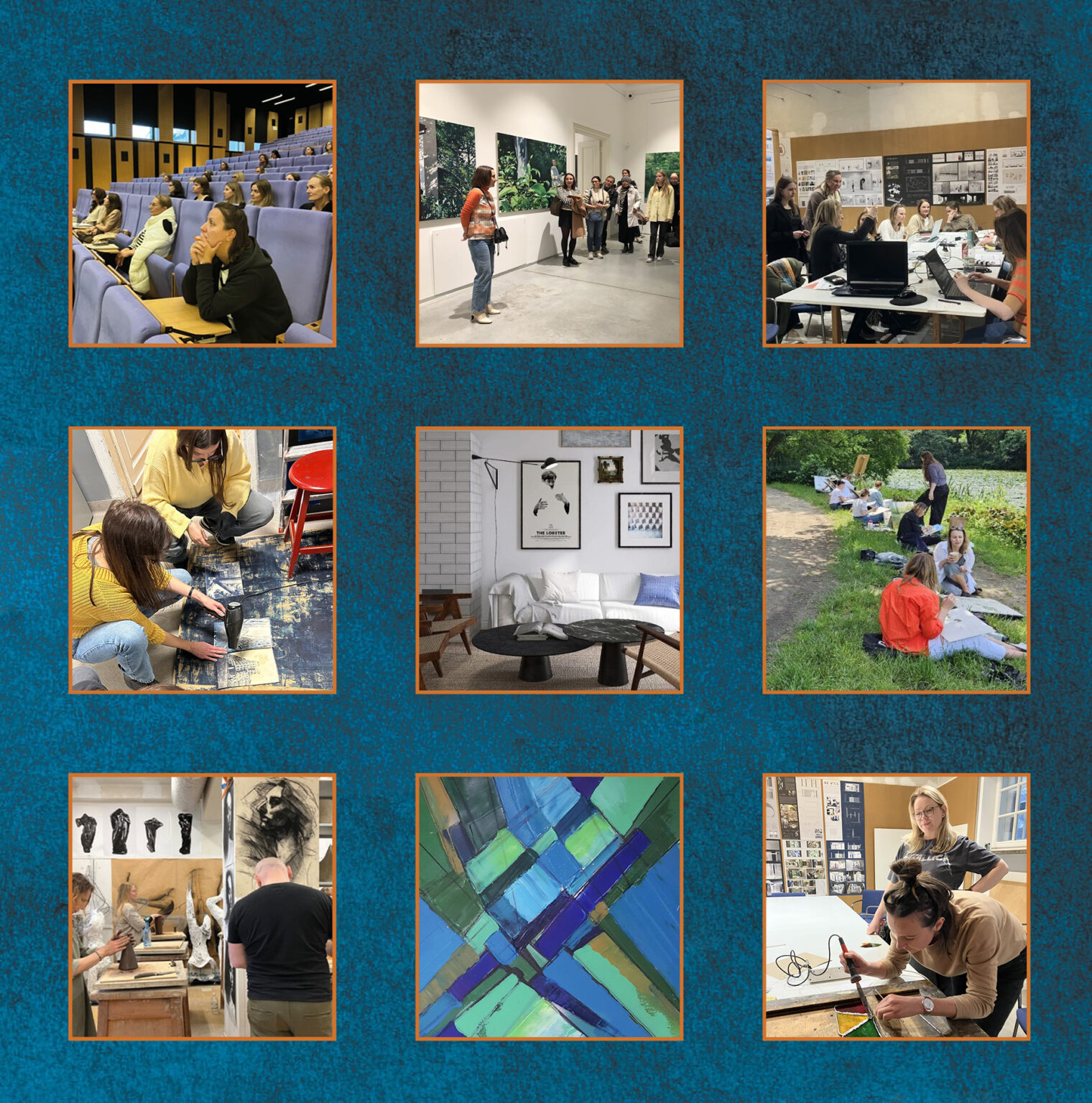 kwadratowa grafika zawiera 6 kwadratowych, ułożonych w 3 rzędach po trzy, zdjęć przedstawiających osoby podczas zająć