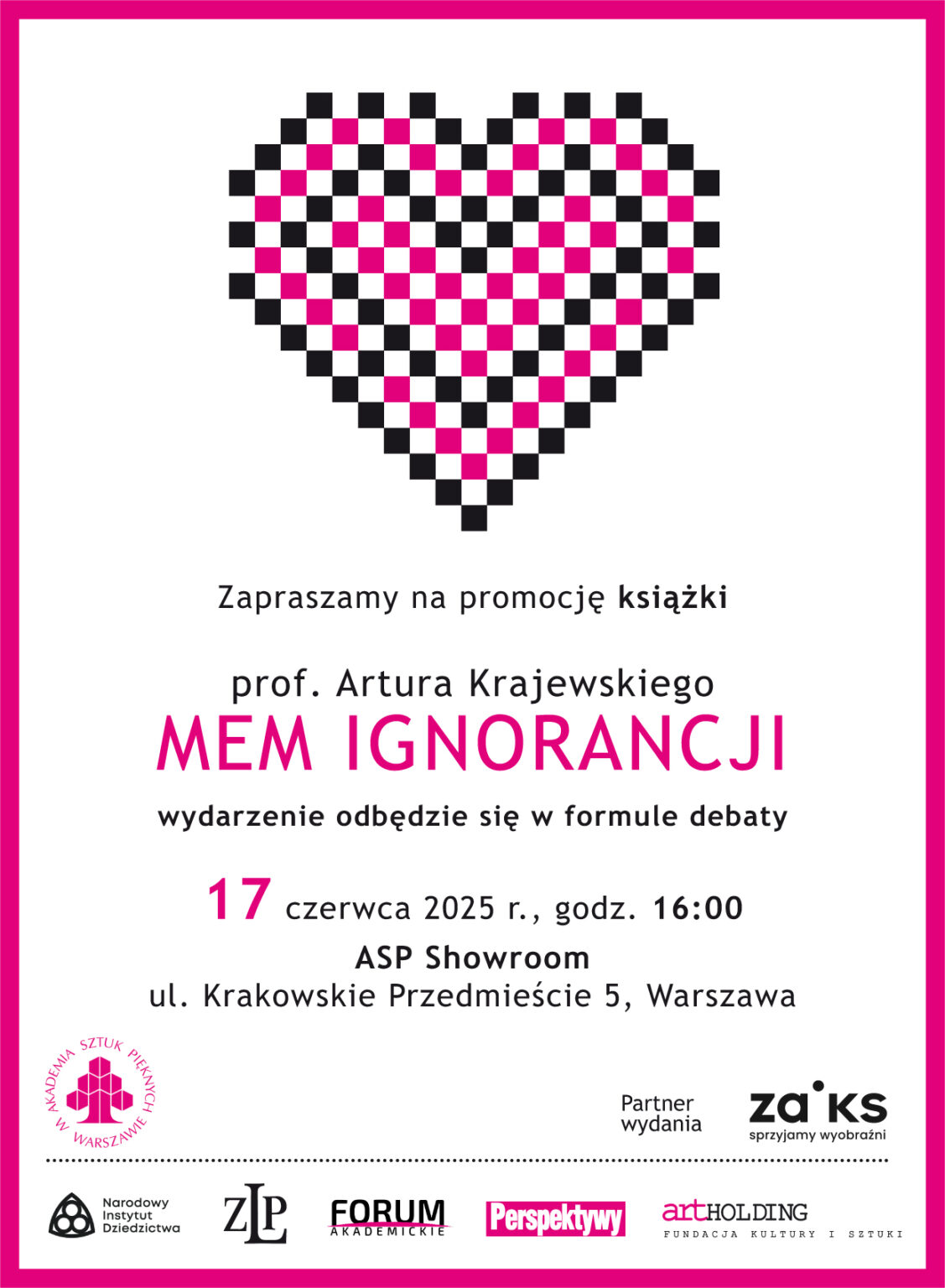 zaproszenie, tekst zawiera wyróżnienia w kolorze różowym, otoczony jest różową ramką, u góry serce utworzone z czarnych i różowych kwadracików