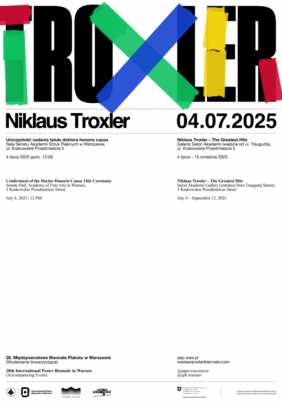 plakat zawiera napis wersalikami: "TROXLER" częściowo wykonany z kolorowych taśm klejących