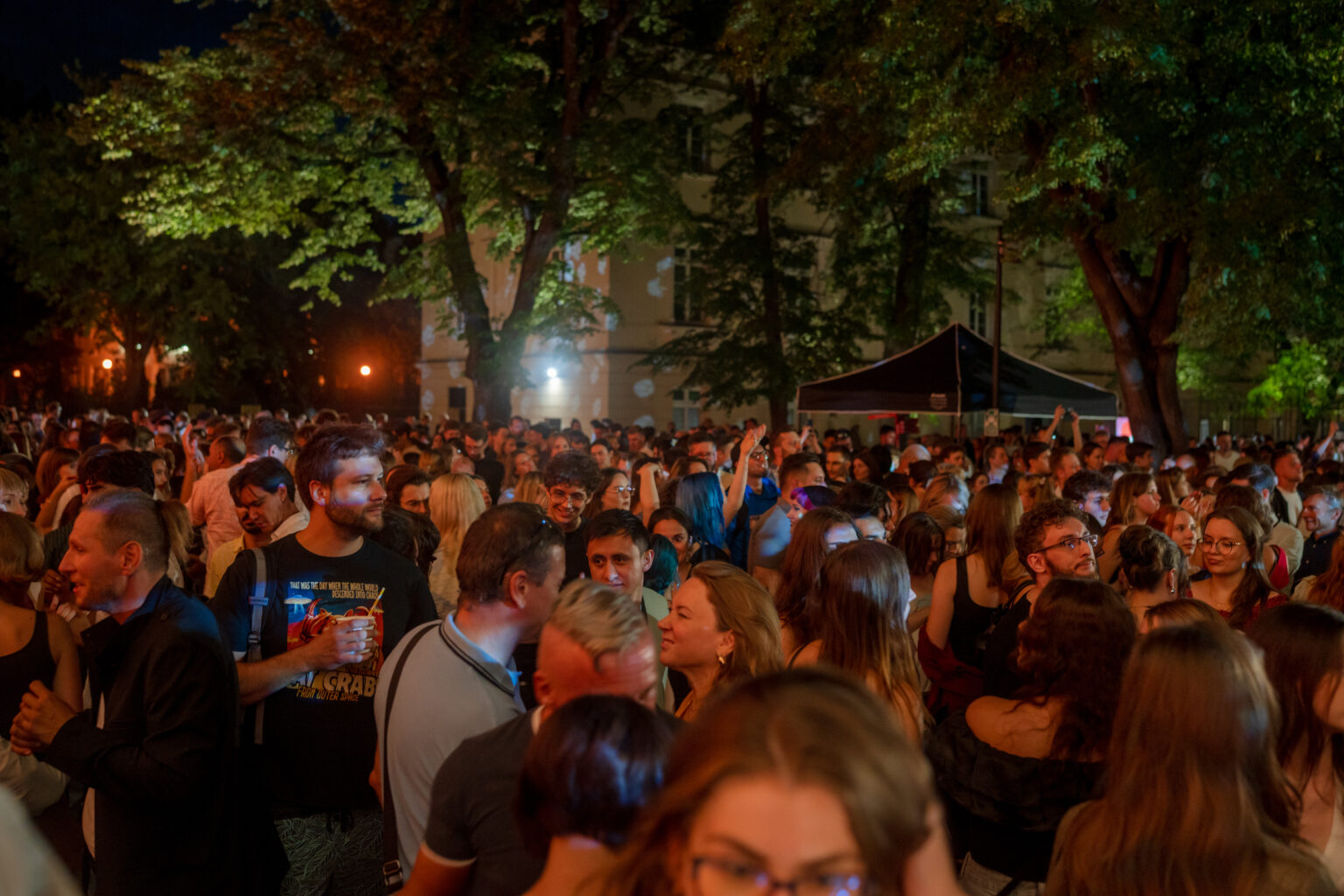Duży tłum ludzi bawi się na koncercie pod gołym niebem. W tle widać oświetlone drzewa i fragmenty budynków.
