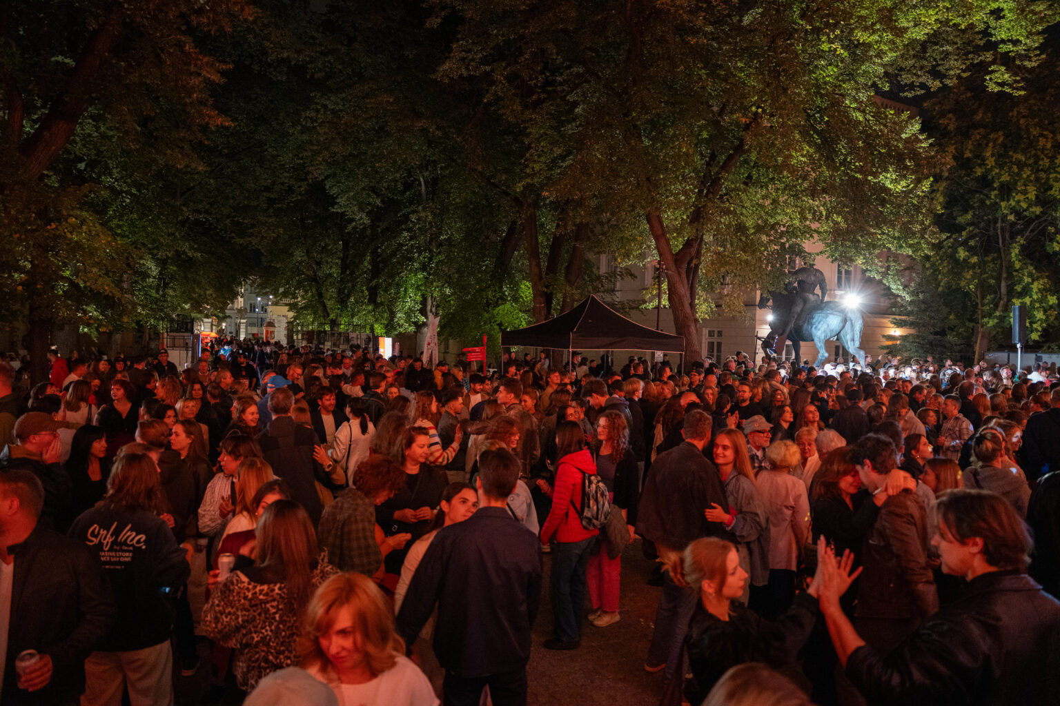 Tłum ludzi zebrał się na zewnątrz w nocy, aby wziąć udział w koncercie. W tle widać drzewa.