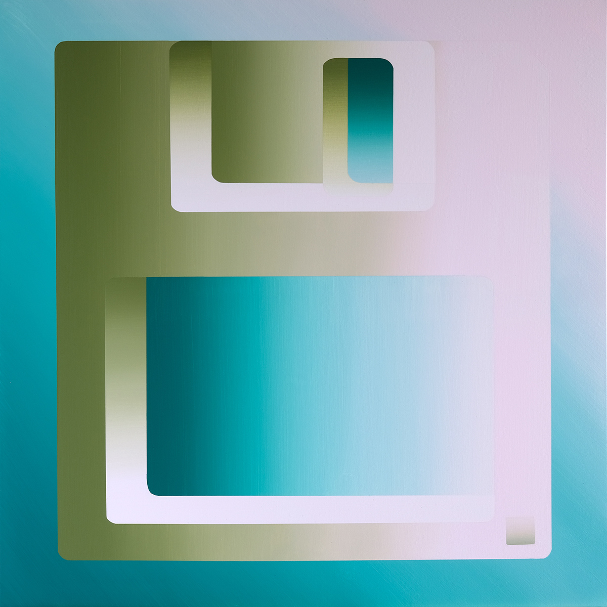 Abstrakcyjna, jaskrawa ilustracja dyskietki 3,5 cala w kolorach turkusu, brązu i błękitu, z efektem cienia i trójwymiarowości.