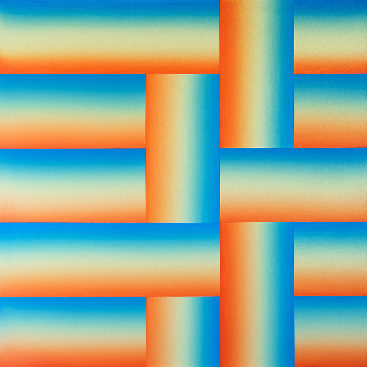 Kolaż z abstrakcyjnych, prostokątnych kształtów z gradacją kolorów od pomarańczowego i żółtego do błękitnego i turkusowego.