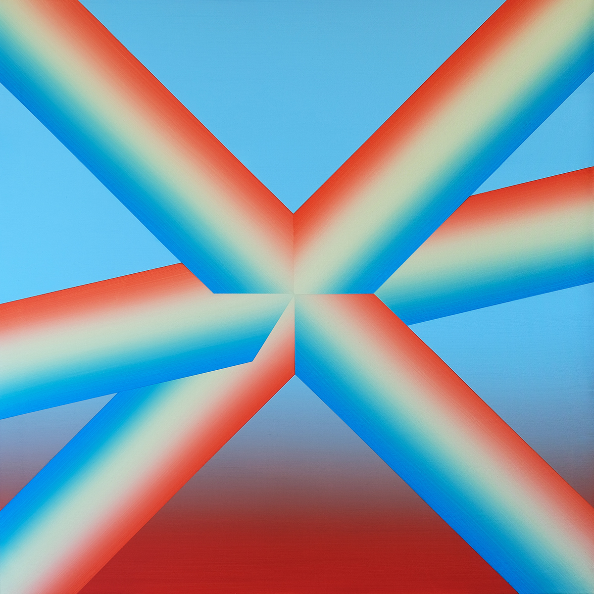 Abstrakcyjny, geometryczny wzór na niebieskim tle, przypominający literę "X", z pasmami o gradacji kolorów od czerwonego do błękitnego.