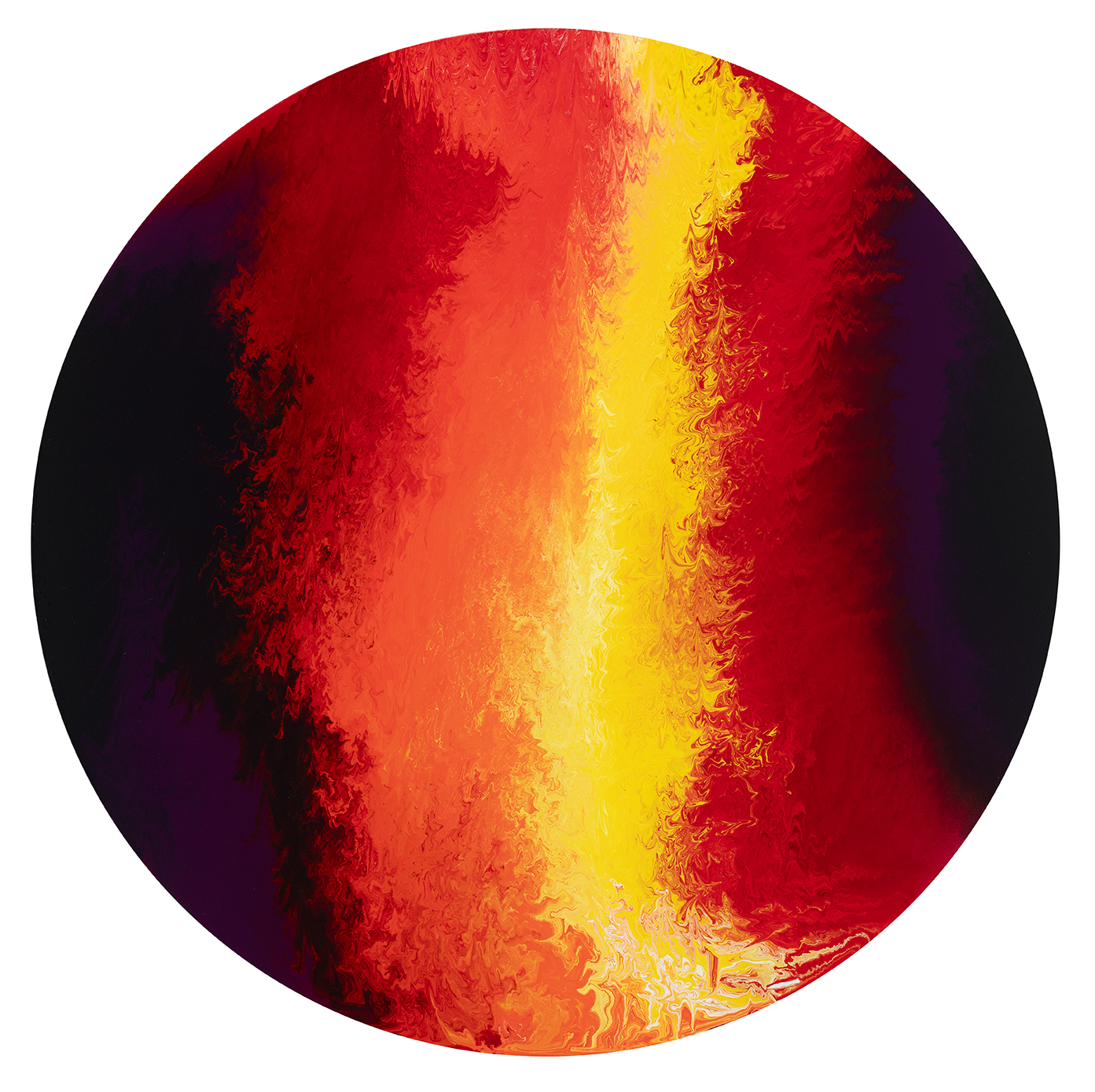 Abstrakcyjny, okrągły obraz w ciepłych barwach, przypominający płomień. Dominuje czerwień, pomarańcz i żółć, z ciemnymi akcentami.