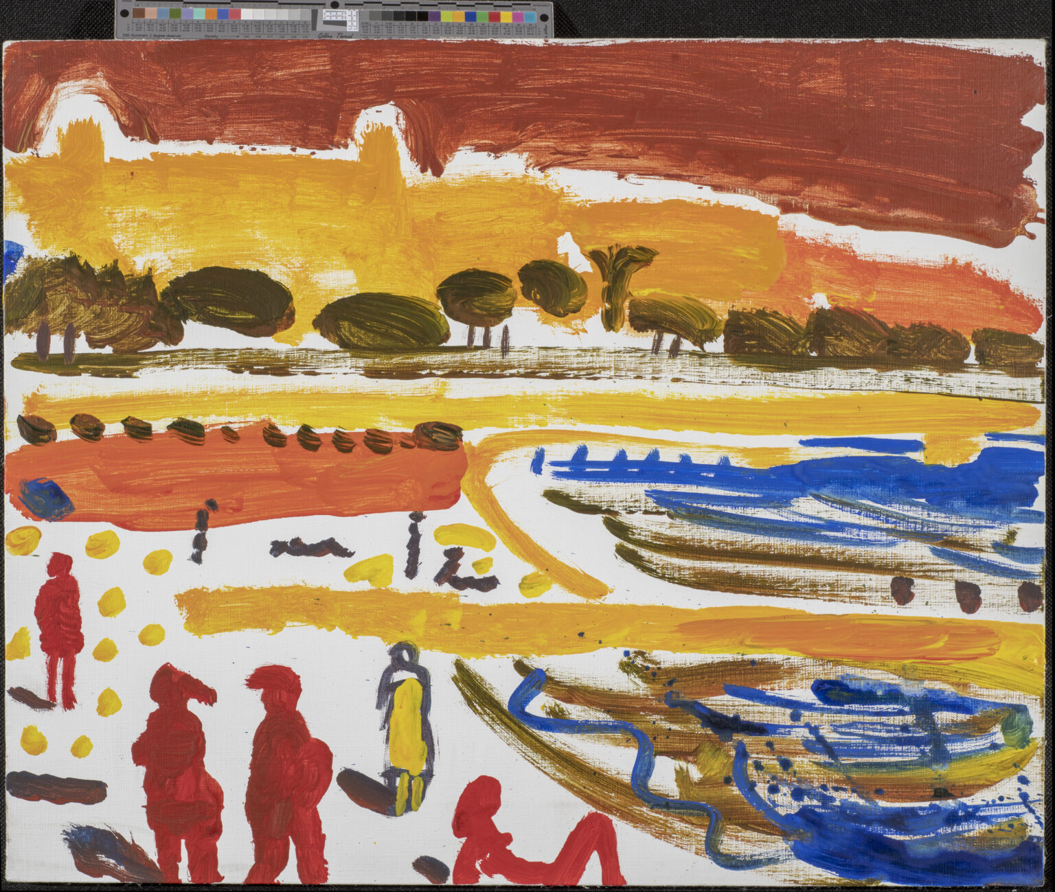 Ręcznie malowany obraz przedstawiający plażę z pomarańczowym autobusem, ludźmi i łodziami. Dominują ciepłe barwy ziemi.