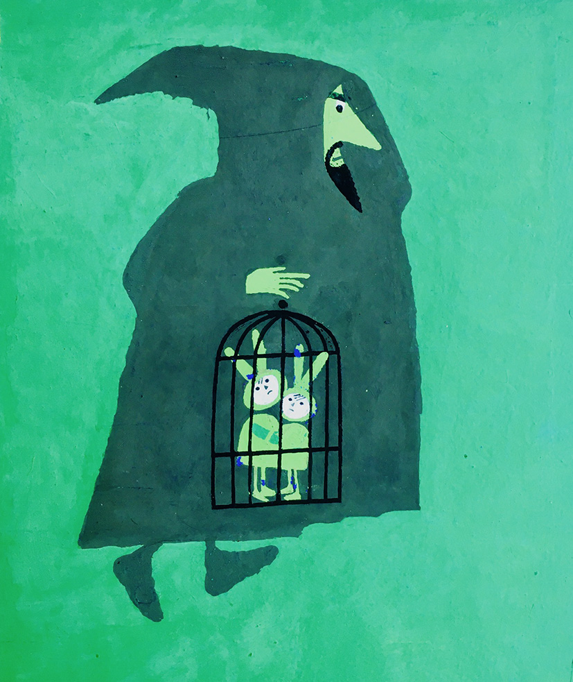 Wysoka postać w kapturze trzyma klatkę, w której zamknięte są dwie małe istoty