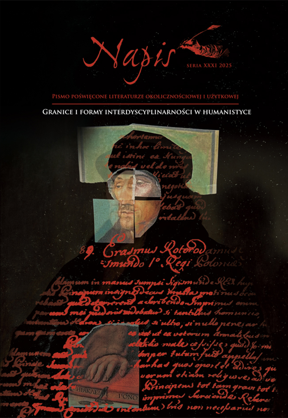 Ciemna okładka z kolażem twarzy Erazma z Rotterdamu, pokryta czerwonym pismem łacińskim. Na górze czerwony tytuł „Napis”.