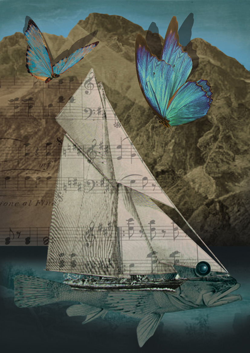 Kolarz: Ryba z żaglami z nut i kluczy wiolinowych płynie na tle gór. Nad nią dwa błękitne motyle. Całość w stonowanych odcieniach brązu, błękitu i szarości.