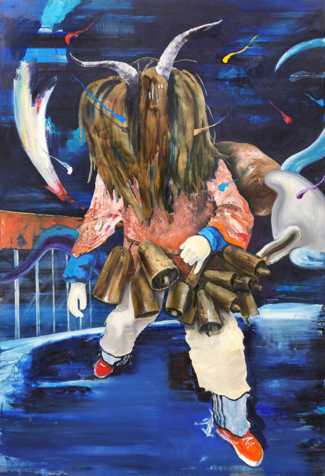 Postacie w futrzanych kapturach na tle przyrody i cyfrowej grafiki.